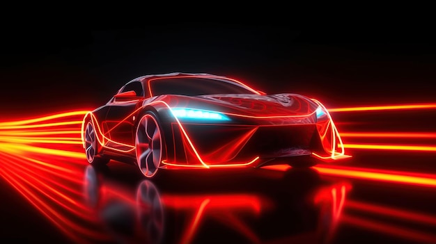 Red neon glowing in the dark electric car on high speed running concept