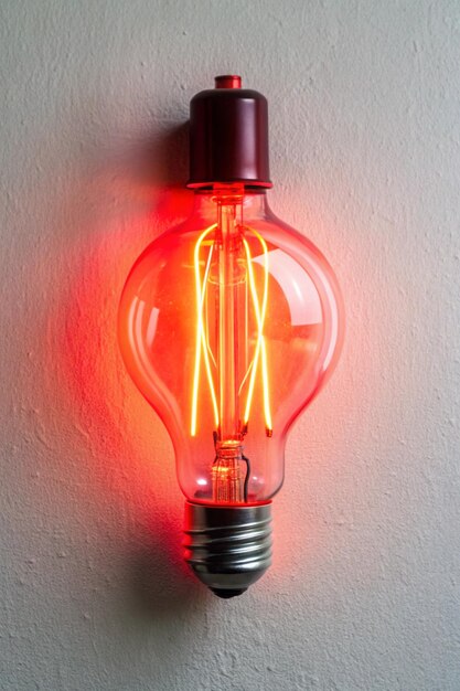 red neon light bulb on white wall