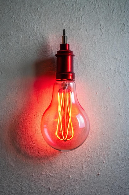 red neon light bulb on white wall