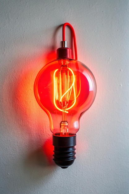 Photo red neon light bulb on white wall