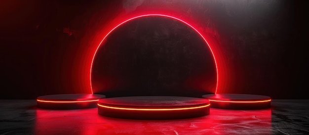 Red Neon Light Illuminates Circular Platforms