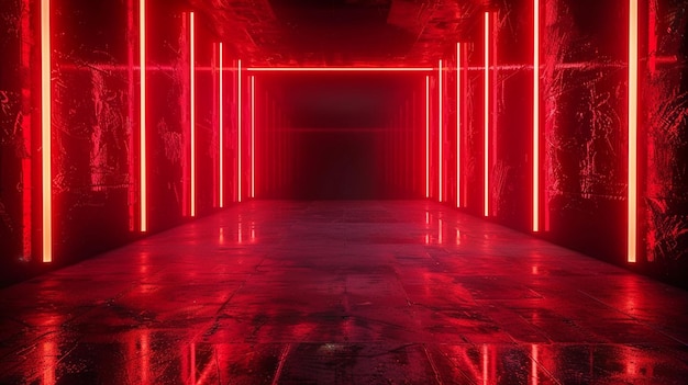 Red Neon Lights Illuminating Long Hallway