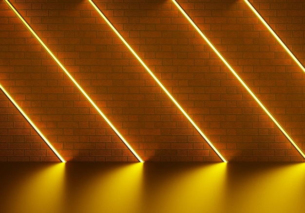 Red neon lines on brick wall in night View