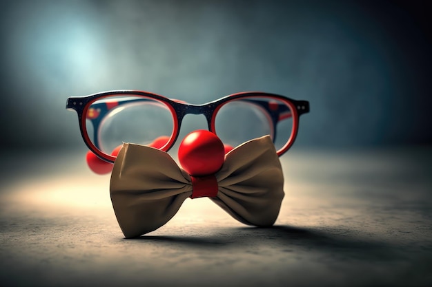 A red nose and glasses are next to a bow tie.