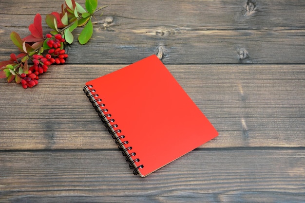 red notebook isolated with barberry branch on wooden background