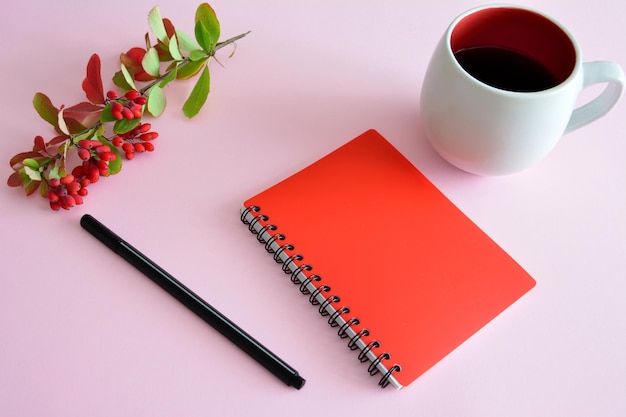 red notepad isolated with cup of tea and black pen, close-up