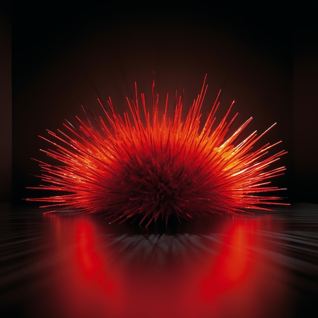 A red object with a spiky tail is lit up in a dark room.