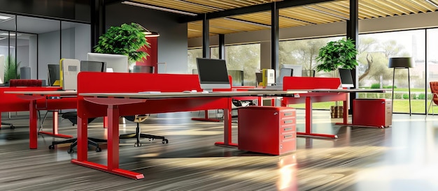 a red office desk with a laptop and a plant on the top