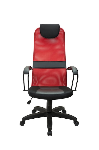 Red office fabric armchair on wheels isolated on white background front view