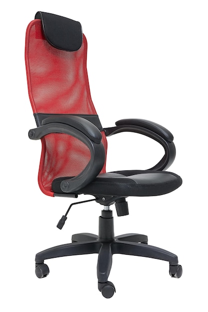 Red office fabric armchair on wheels isolated on white background side view