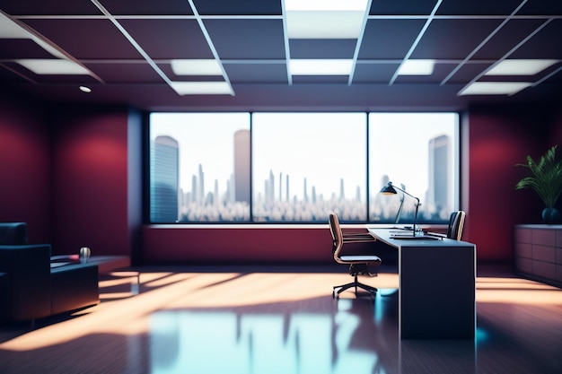 A red office with a view of a cityscape.