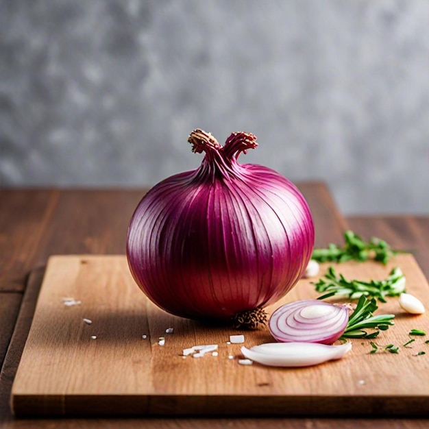 a red onion is on a cutting board with onions and onions