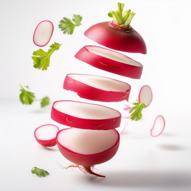 Photo a red onion and a tomato are being thrown into the air