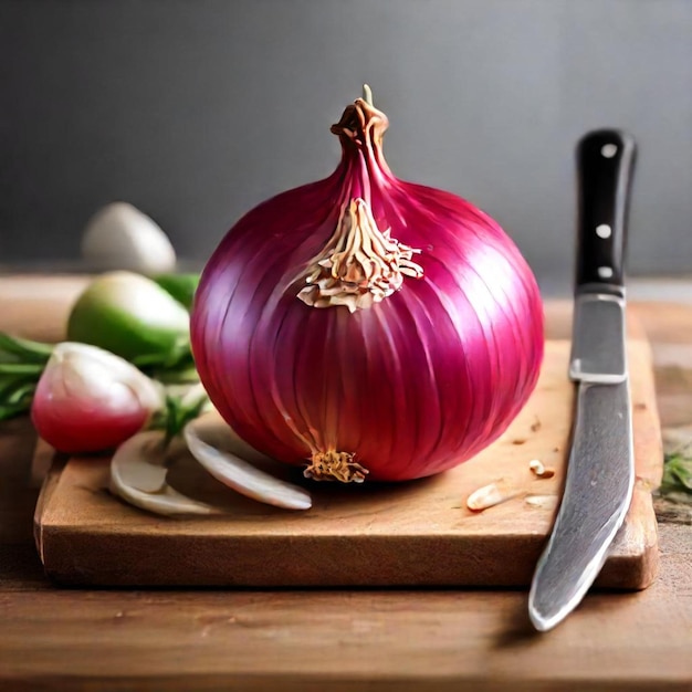 a red onion with a knife on a cutting board next to a knife