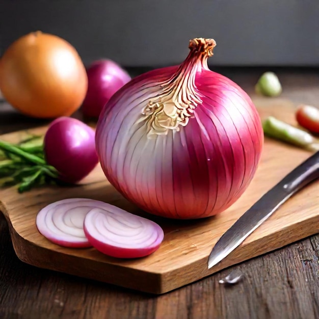 a red onion with a knife on a cutting board with onions and onions