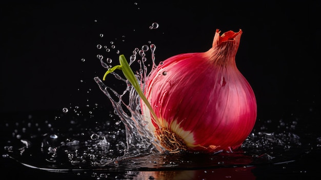 a red onion with water drops in the water with a black background