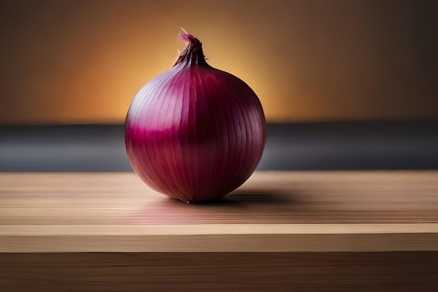 A red onion on a wooden table with a brown background.