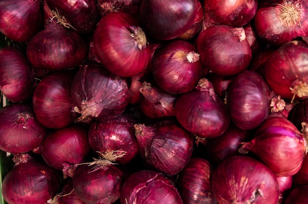 Red onions in a bunch at . vegetable Close-up, salad ingredient