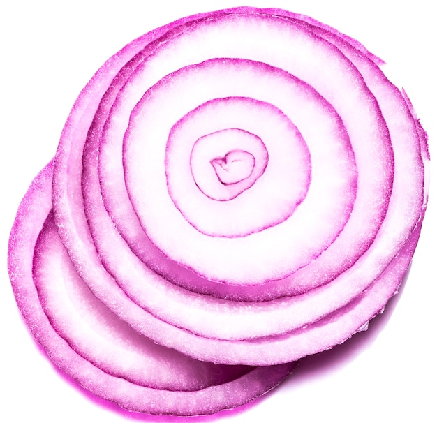 Red onions isolated on white background, top view.