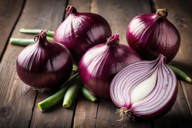 red onions on rustic wood