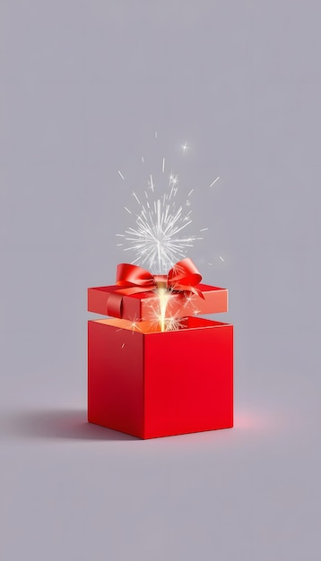 Photo red open gift box with sparkler isolated with white highlights