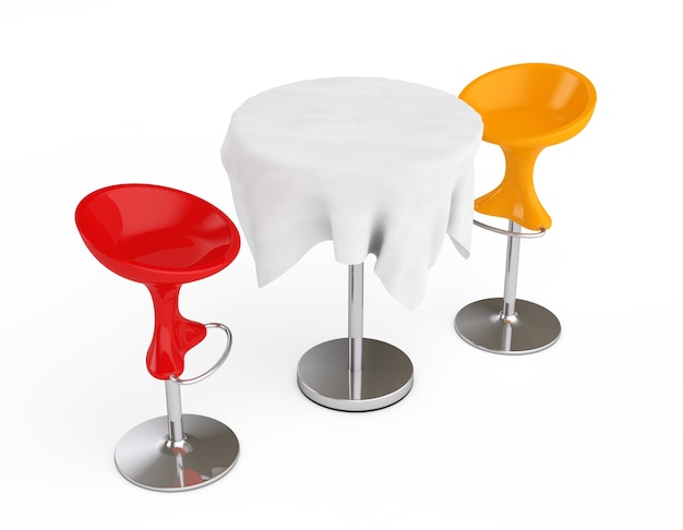 Red and Orange Bar Modern Stools with Table covered Tablecloth on a white background. 3d Rendering