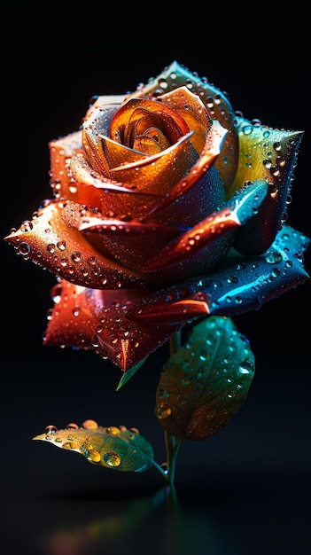 Red orange green white pink rose flower with sparkling petals Generative AI