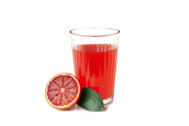 Red orange juice and ingredient isolated on white background