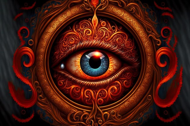 Red orange look of mystical creature embodying evil eye