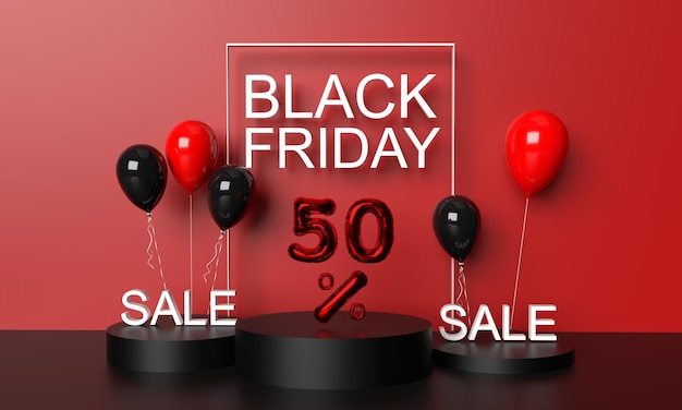 Red orange pink color background wallpaper podium black balloon hilum text font 50 fifty percent special offer sale discount marketing price black friday november shopping online concept