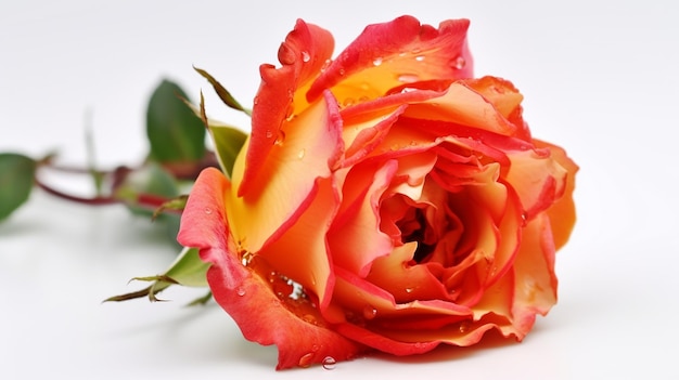 A red and orange rose with water droplets on it