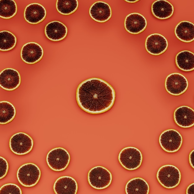 Red orange slices on orange surface surrounding fruits 3d rendering