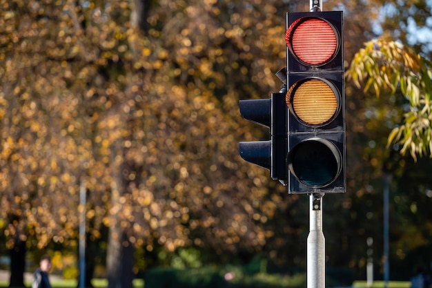 Red and orange traffic light in semaphore closeup Bright colored autumn background