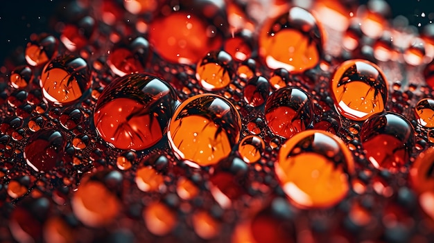 A red and orange water drops are shown on a surface.