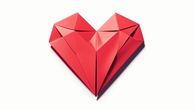 Red origami heart on white background