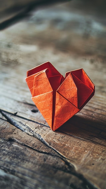 Red Origami Heart on Wooden Table Symbol of Love and Craftsmanship