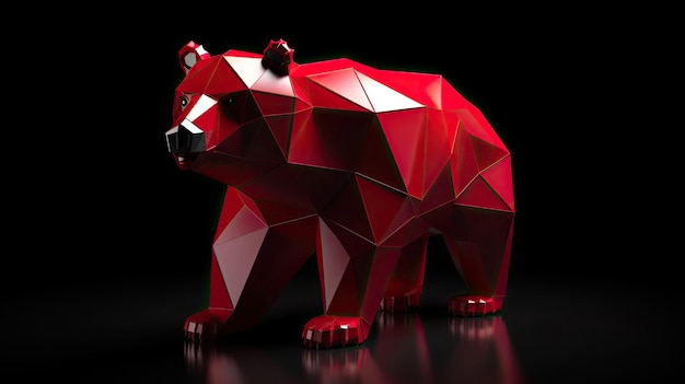 Red Origami style bear on black background3D art style with Generative AI Technology