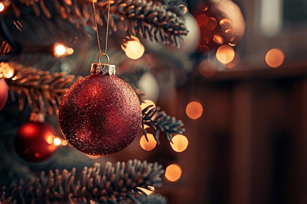 a red ornament from a pine tree