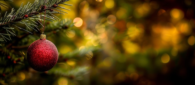 a red ornament hangs on a christmas tree