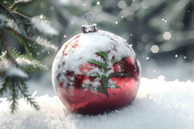 A red ornament with a green leaf on it sits in the snow