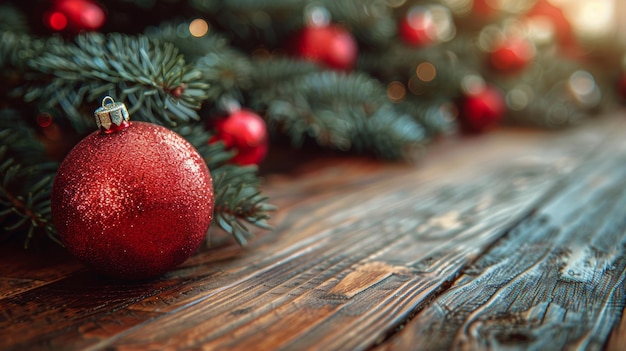 Red Ornament on Wooden Table