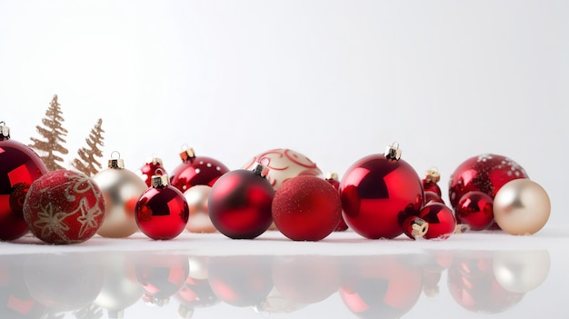 Red ornaments in a row on a white background