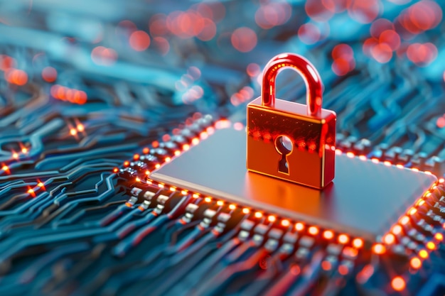 red padlock on circuit board digital security concept