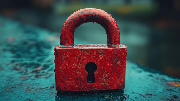 Red Padlock on a Wet Surface