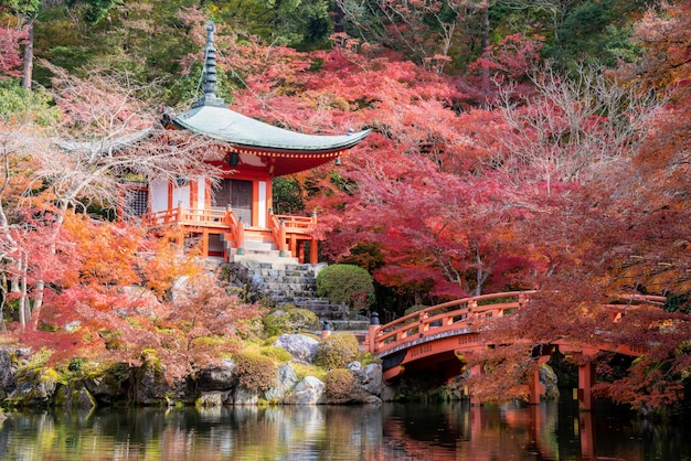 Red pagoda and red bridge with pond and color change maple trees in Daigoji temple in autumn season on November in Kyoto, Japan.