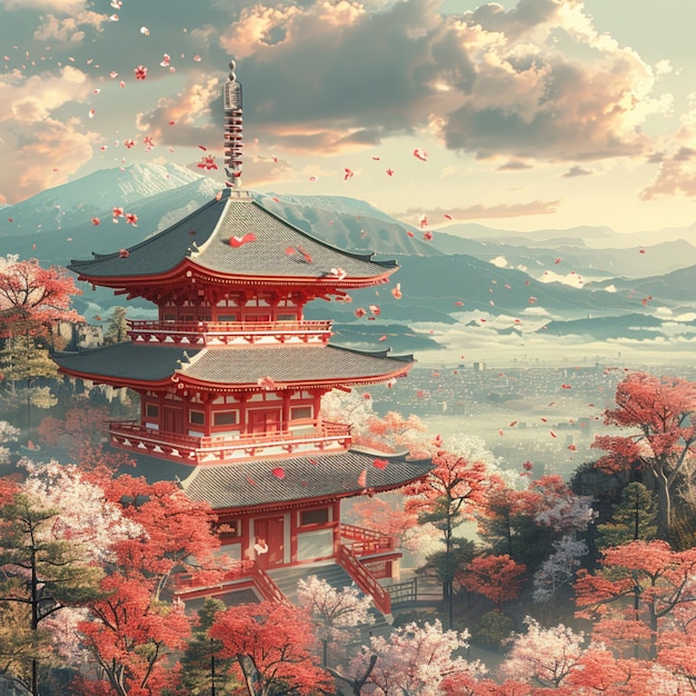 Red pagoda with cherry blossom and blue sky Digital painting