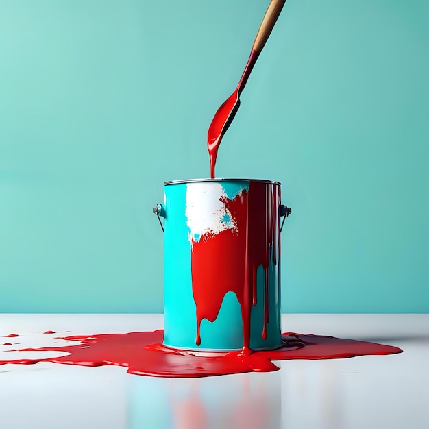 Photo red paint pouring from steel bucket on clear cyan minimal art background 3d