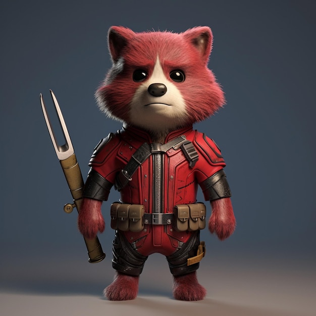 A red panda character with a large fork in his hand.