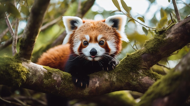 a red panda cub is sitting in a tree