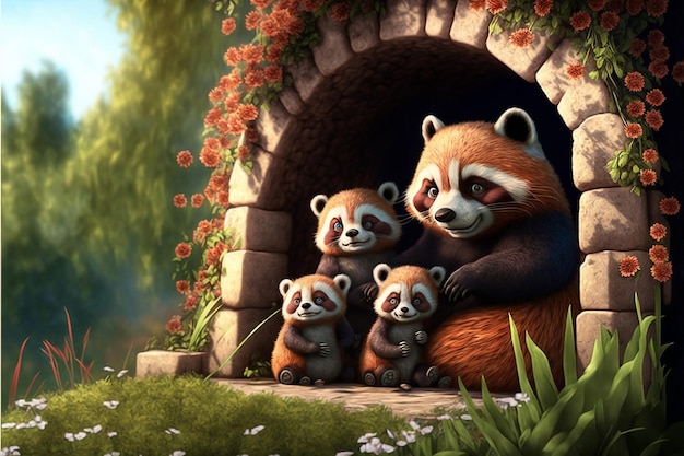 A red panda family sits in a doorway with a brick wall behind them.